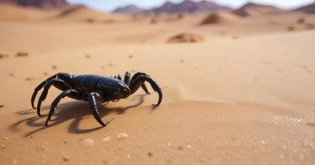 Obraz premium A black scorpion is nestled among the grains of sand in a vast, empty desert landscape, buried, dune