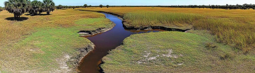 River flows through golden marsh, sunny day. Aerial view. Nature background