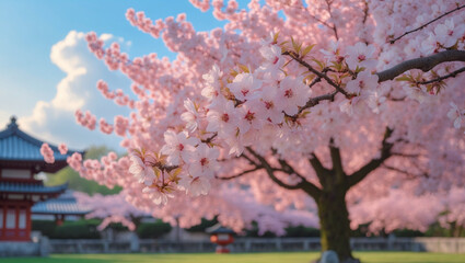 Cherry blossoms in full bloom, framing Japanese architecture on a spring day