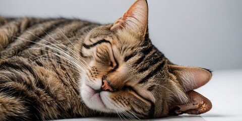Naklejka premium Close-up of Thai tabby striped cat is sleeping, isolated on a white backgroud 