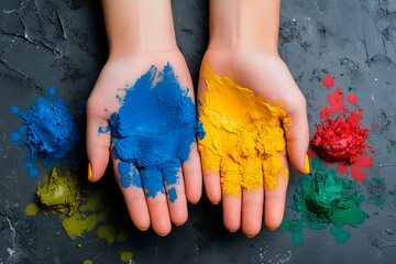 Hands Holding Blue and Yellow Paint with Additional Pigment Samples