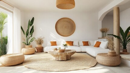Bright, airy living room with white sofa, woven accents, and natural light.