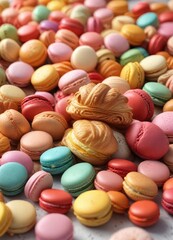 A delicate croissant nestled among a heap of colorful macarons , pastry, colorful macarons