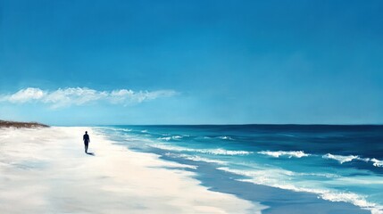Solitary beach walk, ocean view, summer day. Relaxation, travel poster
