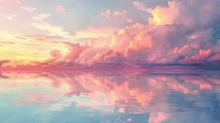 Fototapeta premium A serene seascape at sunset, with colorful clouds hovering low above the water