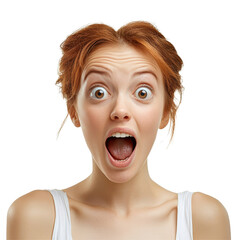 Surprised young woman expressing joy with wide eyes and open mouth isolated on a bright background, surprised joyful young woman, file of isolated object on transparent background