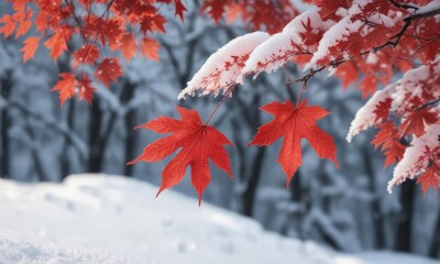 A delicate red maple leaf clings to the edge of a snow-encrusted tree branch suspended in mid-air, winter scenery, tree branch, snow