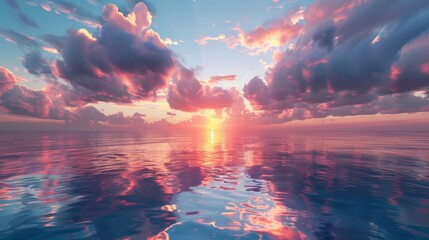 A stunning twilight scene over a tranquil ocean, with dramatic