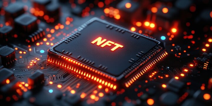 Microchip Circuit Close-up with NFT Non-fungible Token Art