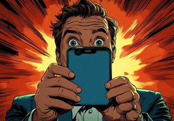 Excited man taking selfie in denim shirt celebrating good news with smartphone on blue background