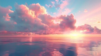 Colorful clouds drifting above a serene ocean at sunrise, with the soft light creating a beautiful reflection on the water