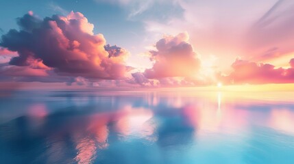 Obraz premium Colorful clouds drifting above a calm sea during sunrise, with the soft light creating a beautiful reflection on the water
