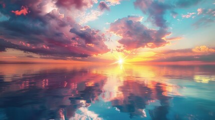 Obraz premium An idyllic ocean sunset with dramatic, colorful clouds suspended above