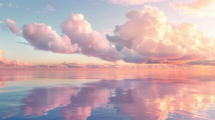 An idyllic seascape at sunset, with fluffy clouds floating just above the tranquil ocean