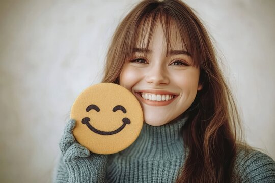 Cheerful woman holding smiling emoji promoting positive mental health happiness self-esteem and wellness