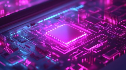 Neon Lit Microchip On Circuit Board Technology