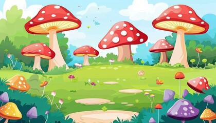 A whimsical forest scene with large red and white mushrooms, smaller colorful mushrooms, green grass, and a winding path.
