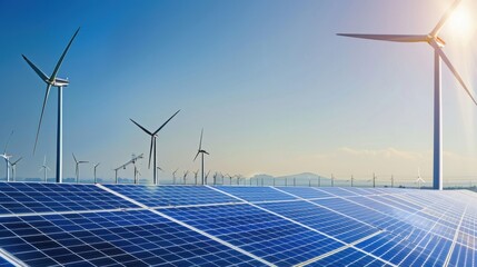 An expansive industrial renewable energy complex with solar panels and wind turbines generating green electricity under a clear blue sky, Renewable energy complex scene, Sustainable power style