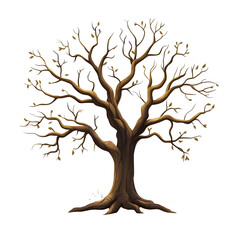 Barren tree without leaves white background illustration 2D tree with a large trunk cartoon style