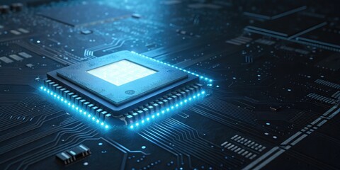 A futuristic computer chip with a glowing blue light, brain-computer interface, binary code, cognitive enhancement, processing power