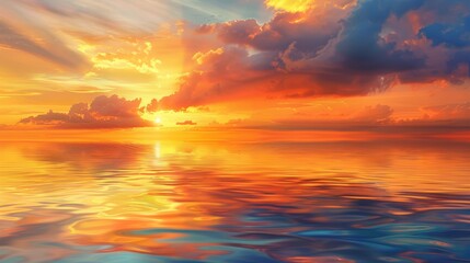 Fototapeta premium Bright orange and yellow clouds hovering above a calm sea at sunrise, their vibrant reflections creating a stunning effect on the water