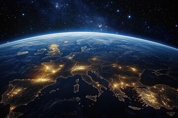 Earth from Space at Night Illuminating European Cities with Stars and Curvature