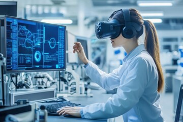 Female cybersecurity specialist using VR headset in action neon lighting high tech lab