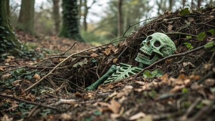 Obraz premium A green fuzzy skeleton is buried under a pile of leaves and branches, ancient relic,