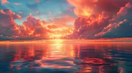 Fototapeta premium Bright red and orange clouds suspended above a tranquil ocean at sunset, their vibrant colors reflecting on the water
