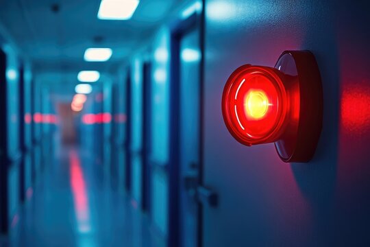 Close-up of a bright red emergency alert light in a hallway.