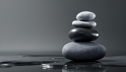 zen, stones, asymmetrical, stack, modern, matte, glossy, textures, polished, black, surface, reflections, subtle, gradient, gray, background, 8K, resolution, balance, harmony, calm, minimalist, 