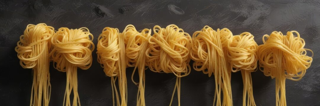 A group of angel hair pasta is tied with a delicate thread , delicate thread, utensil
