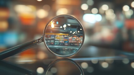 Market Research: A magnifying glass reveals a blurred image of a retail store, symbolizing market research and the pursuit of insights in a competitive business environment.