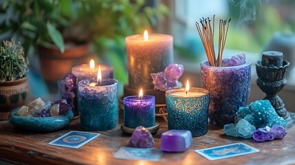 Mystical scene with burning candles, crystals, incense, and tarot cards on a wooden table.