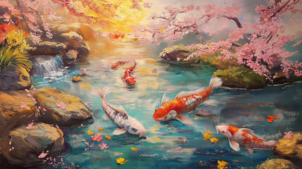 日本庭園の情景｜桜と色鮮やかな鯉の幻想的な風景