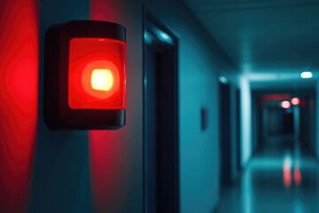 Close-up of a bright red emergency alert light in a hallway.