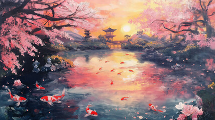 桜と鯉の日本庭園｜印象派風の華やかな風景画
