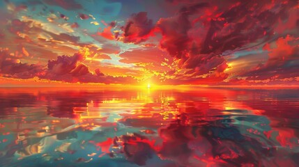Obraz premium Bright red and yellow clouds suspended above a still ocean at sunset, reflecting on the water