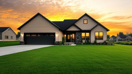 A modern ranch-style home in muted beige tones