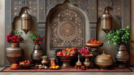Obraz premium Ornate Middle Eastern setting, fruit display, intricate wall art, cultural celebration