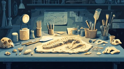 Paleontologist's workshop with dinosaur fossil.