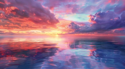 Fototapeta premium Colorful clouds floating over a still ocean at dusk, with the sky painted in warm purples and reds and their reflections shimmering on the water