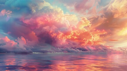Fototapeta premium Colorful clouds hovering above a serene sea during sunset, with the vibrant sky reflecting on the water