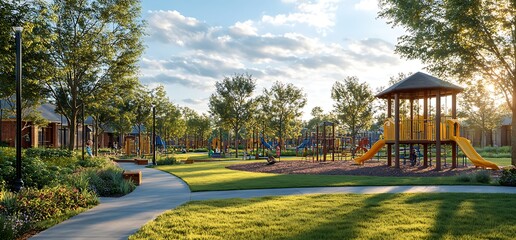 Suburban playground sunset, kids playing, homes background, family leisure