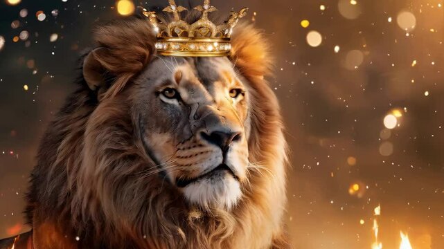 Majestic lion with crown on head as symbol of strength, royalty, leadership. Lion of Judah walking through the desert. Christian religion concept