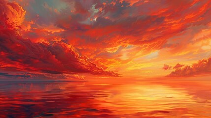 Fototapeta premium Dramatic orange and red clouds suspended above a serene sea at twilight, the vibrant colors reflecting on the water