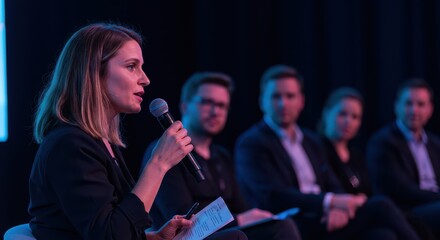A female speaker speaks at a business conference to an audience. Business and entrepreneurship