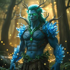 forest, nature, magical, mystical, fantasy, creature, being, humanoid, blue, skin, green, eyes, powerful, strong, muscular, majestic, mystical, otherworldly, supernatural, magical