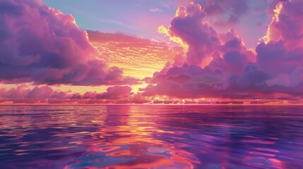 Dramatic purple and orange clouds floating above a still ocean at twilight, casting a magical glow on the water