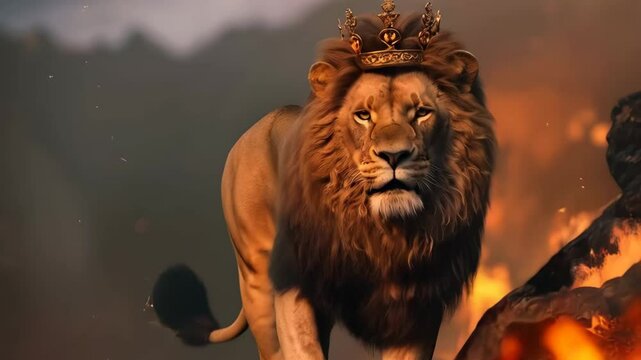 Majestic lion with crown on head as symbol of strength, royalty, leadership. Lion of Judah walking through the desert. Christian religion concept